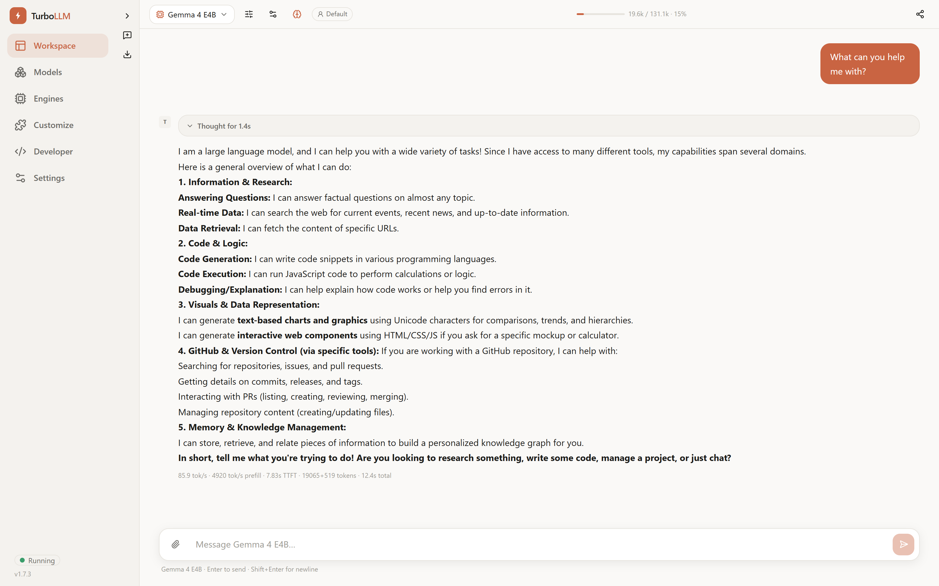 TurboLLM chat with a local model, showing real generation speed of 85.9 tokens per second, light mode