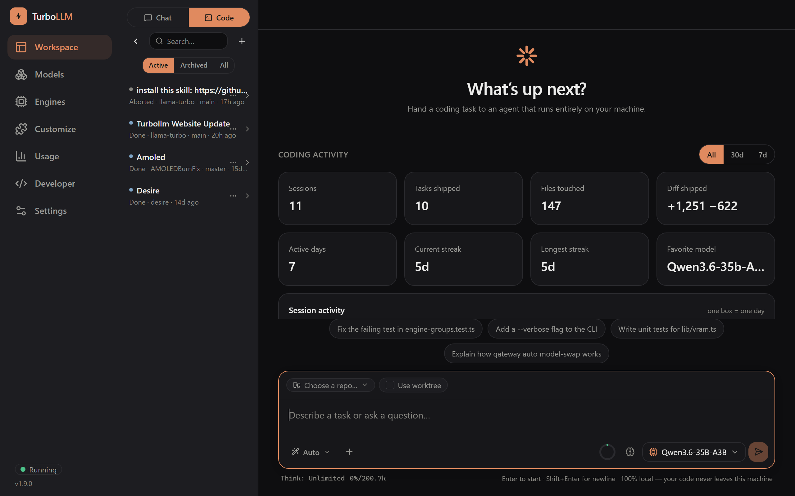 TurboLLM Code screen showing a local coding agent session with tool-call lines, real stats footer, and a git diff, dark mode