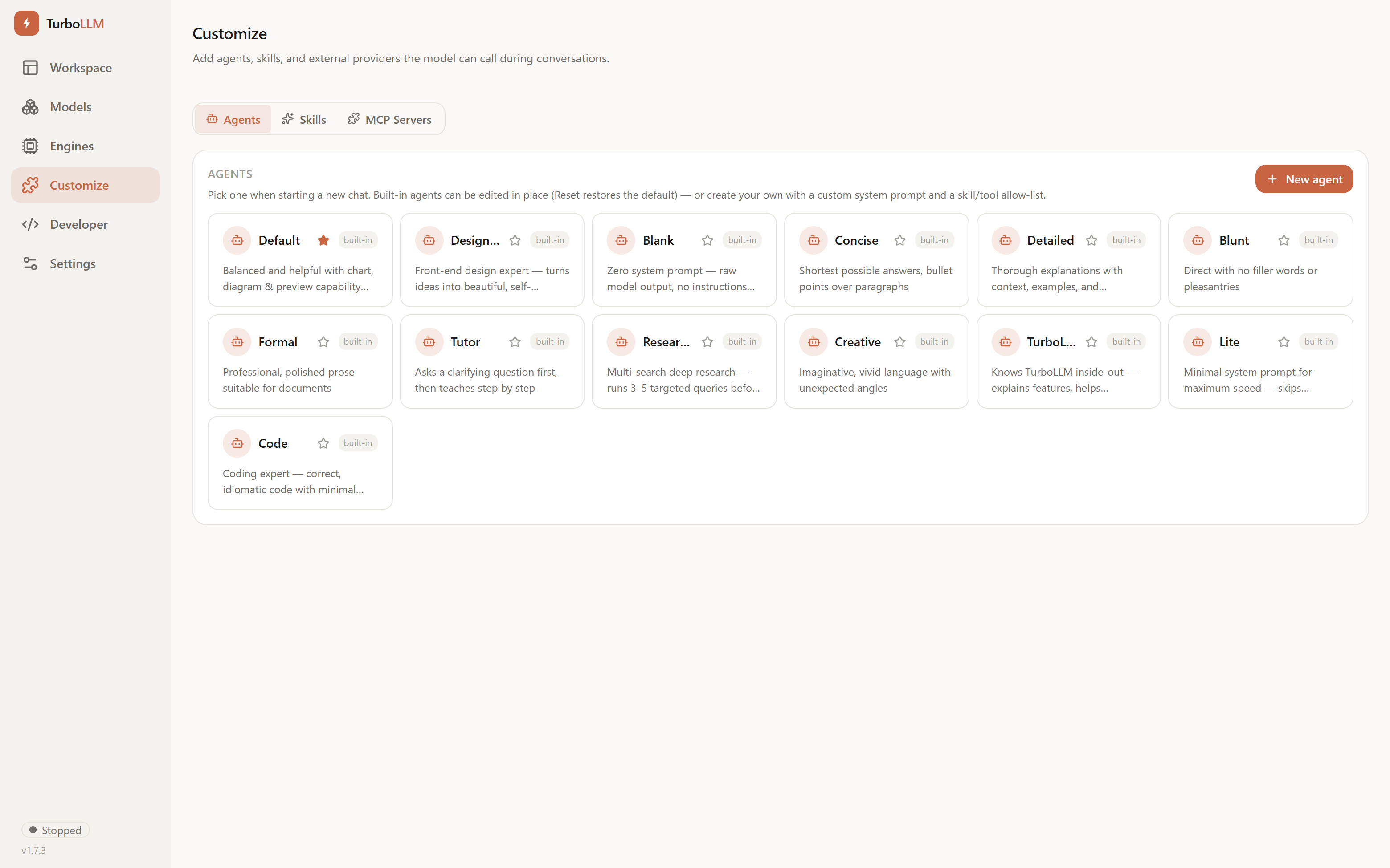 TurboLLM Customize screen with editable built-in agents, a custom system prompt, and a skill/tool allow-list, light mode