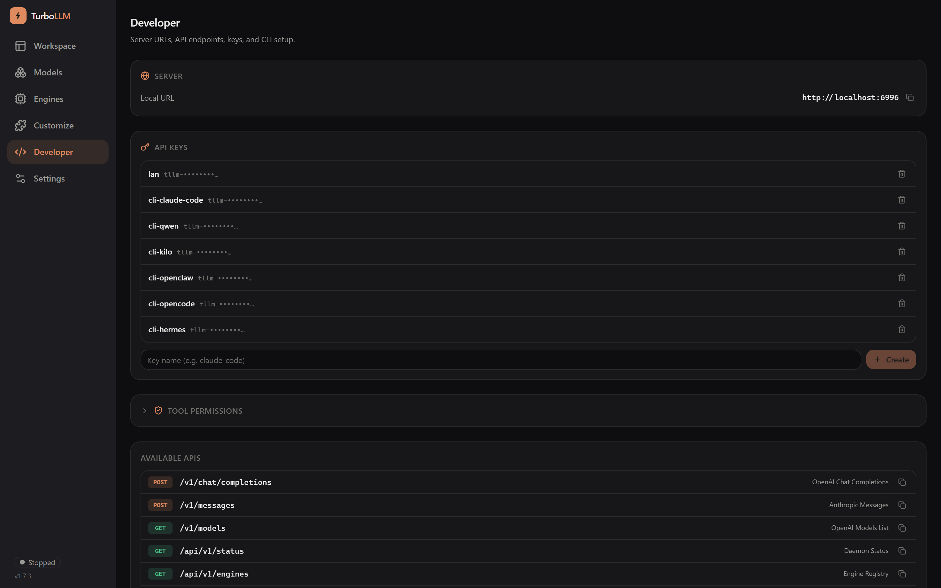 TurboLLM Developer screen showing OpenAI and Anthropic-compatible endpoints and API key management, dark mode