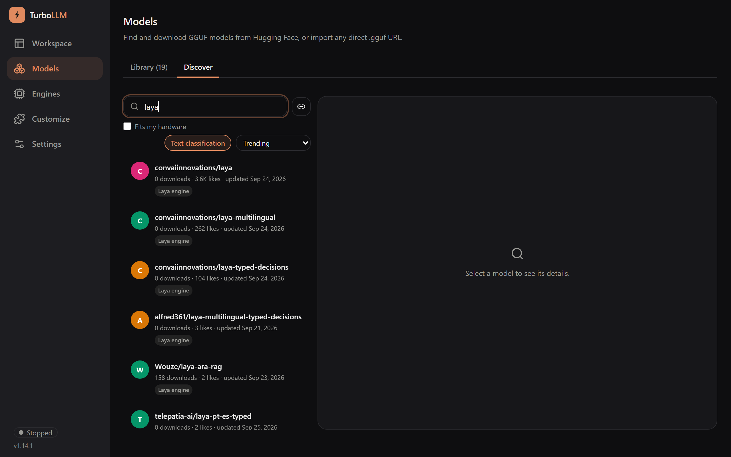 TurboLLM Models, Discover tab with the Text classification chip on, searching for laya: convaiinnovations/laya is the first result, each row labelled Laya engine, dark mode