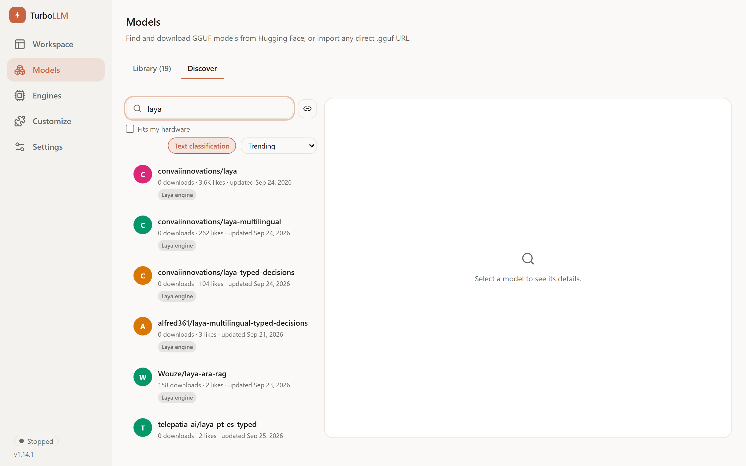 TurboLLM Models, Discover tab, searching for laya, light mode