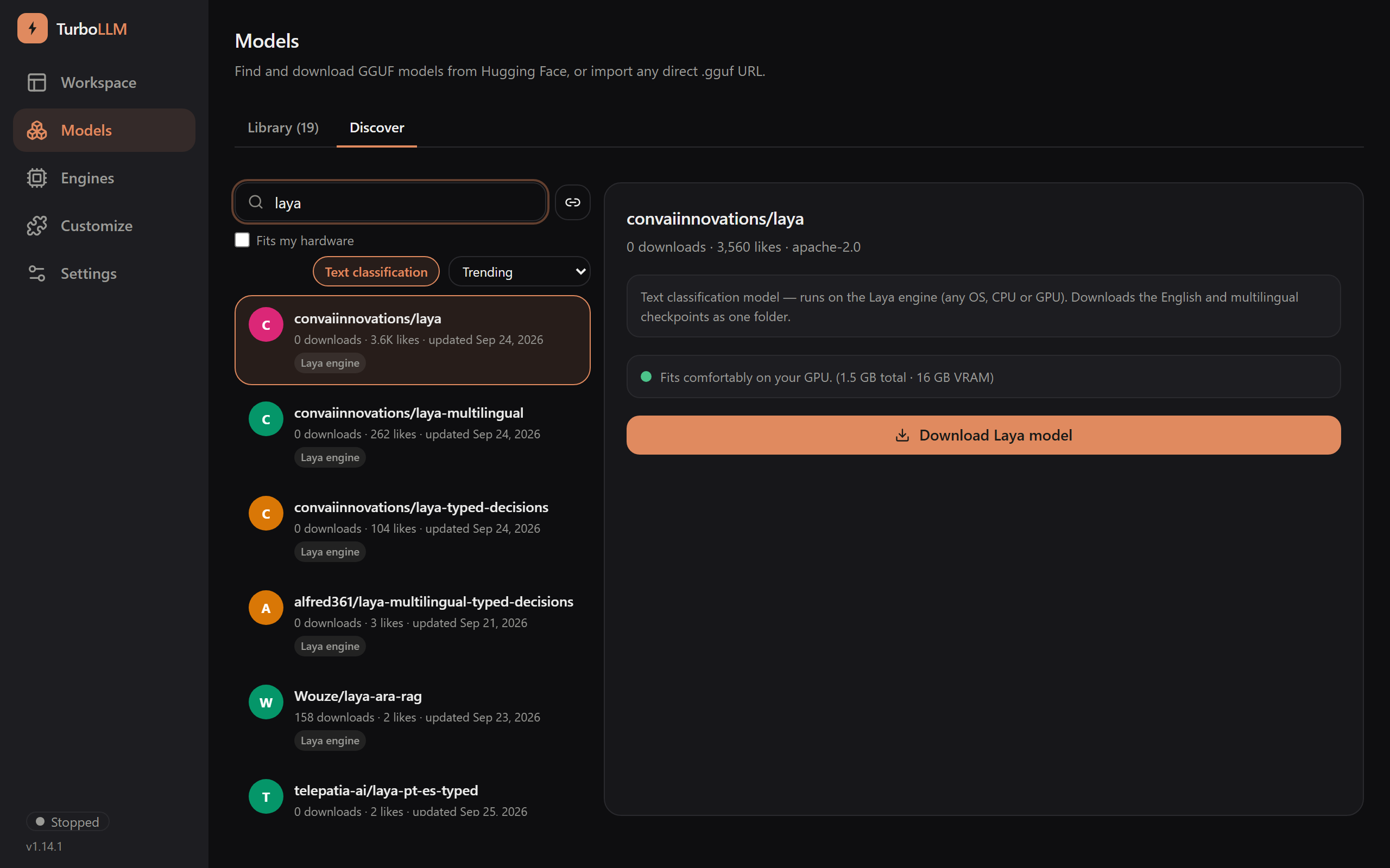 The convaiinnovations/laya panel in Discover: the description, the total size, and the Download Laya model button, dark mode