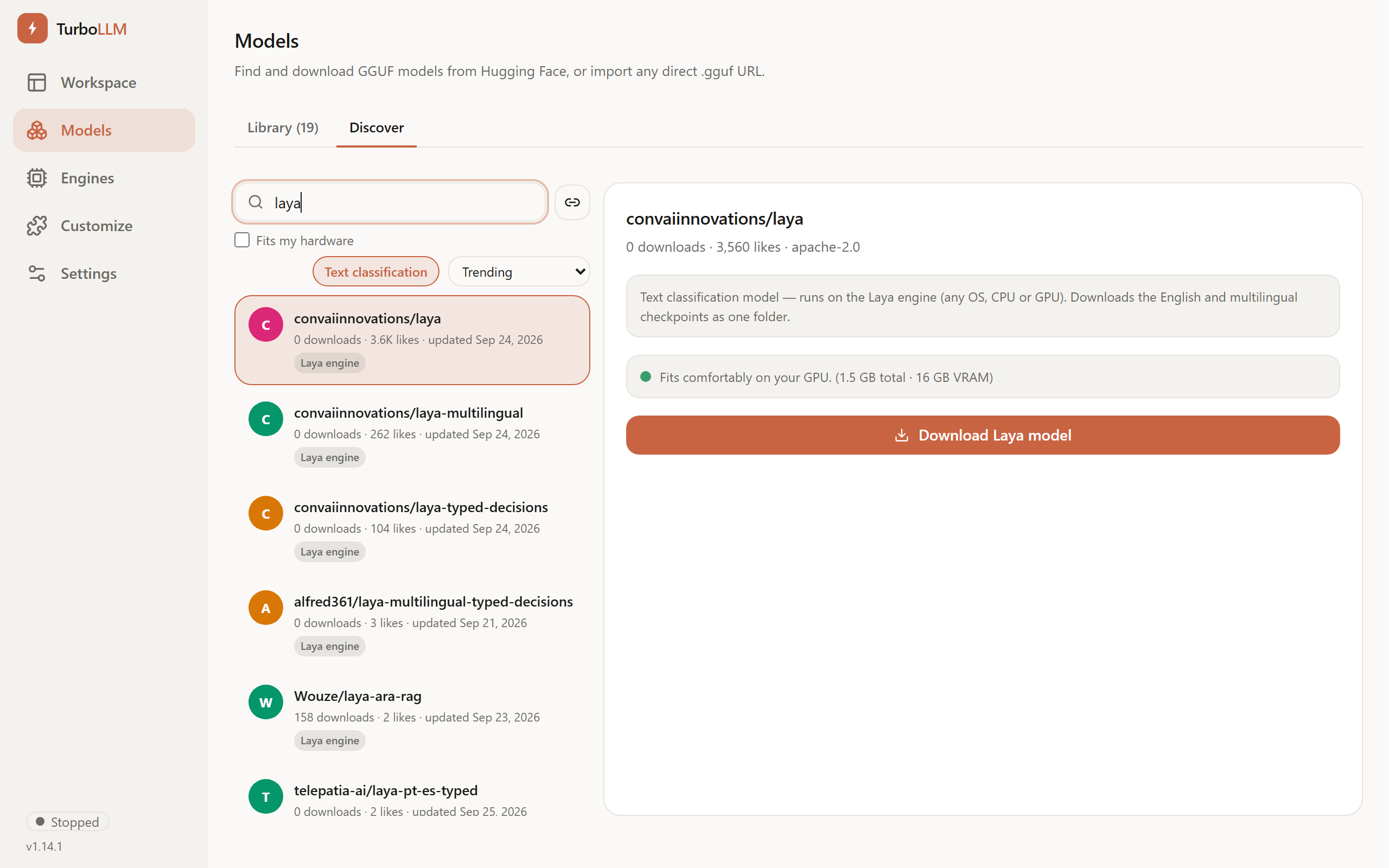 The convaiinnovations/laya panel in Discover with the Download Laya model button, light mode