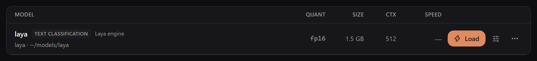 Models library with the laya model row: Text classification badge, Laya engine label, fp16, 1.5 GB, context 512, and a Load button, dark mode