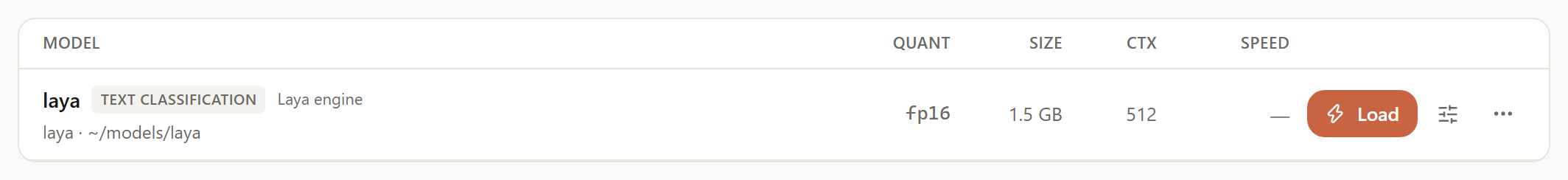 Models library with the laya model row and its Load button, light mode
