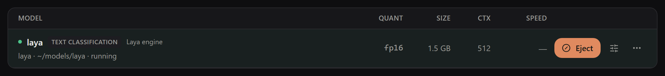 The laya model row while running, with a green dot, the word running, and an Eject button, dark mode