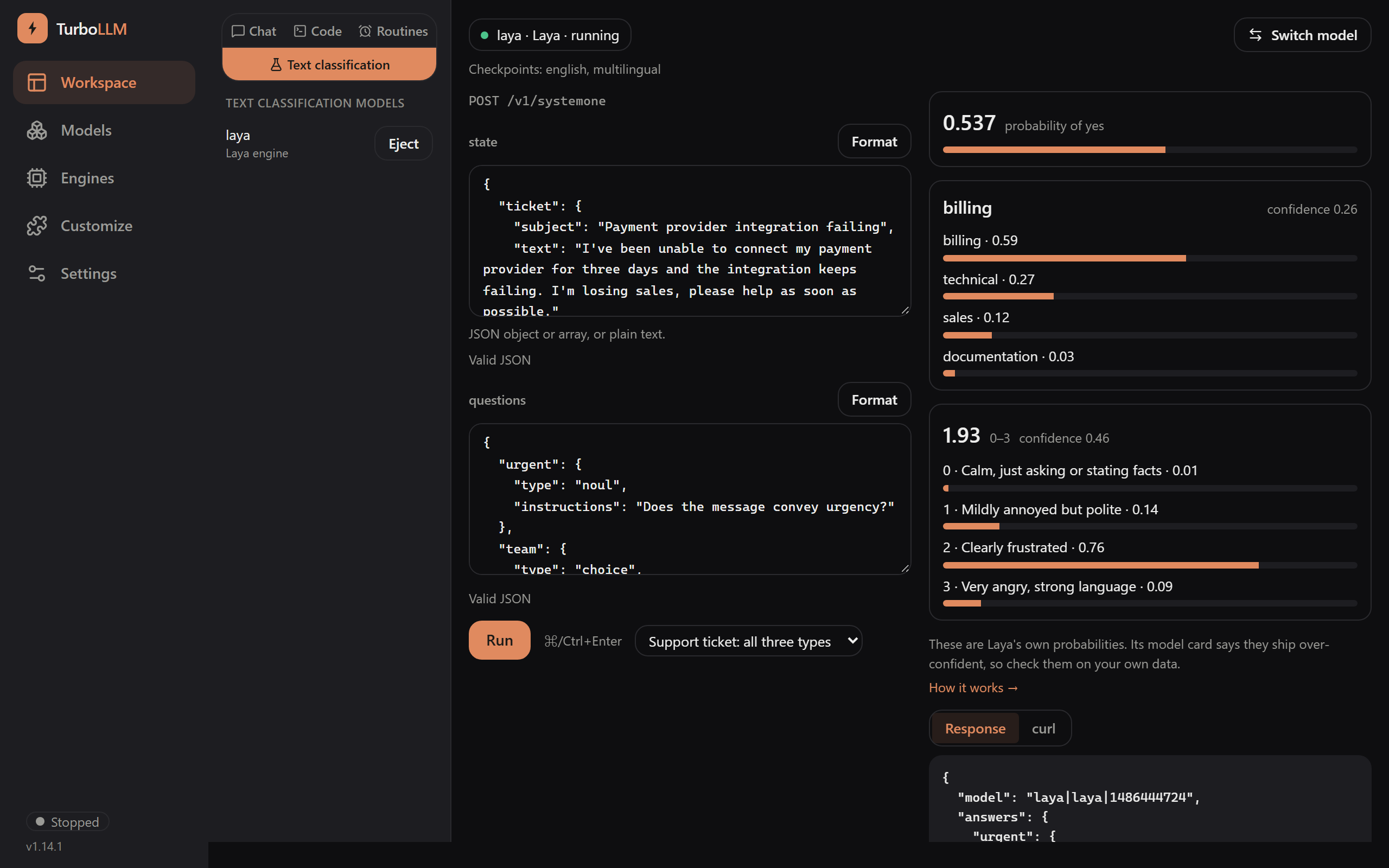 The playground with the laya model running: the Workspace tabs and the model list on the left, a support-ticket state and three questions in the middle, and the answers with probability bars on the right, dark mode