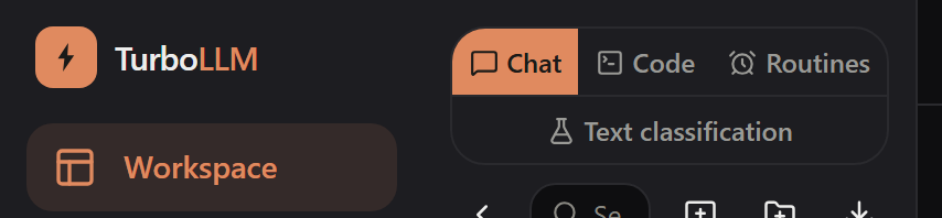 The Workspace sidebar with Chat, Code and Routines on one row and a Text classification tab under them, dark mode