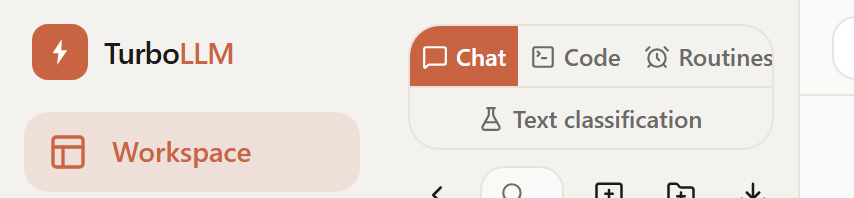 The Workspace sidebar with Chat, Code and Routines on one row and a Text classification tab under them, light mode