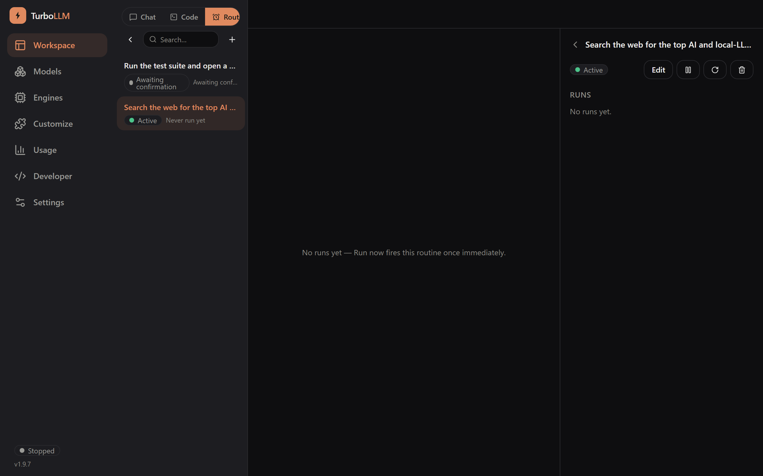 TurboLLM Routines screen showing an active scheduled routine, light mode
