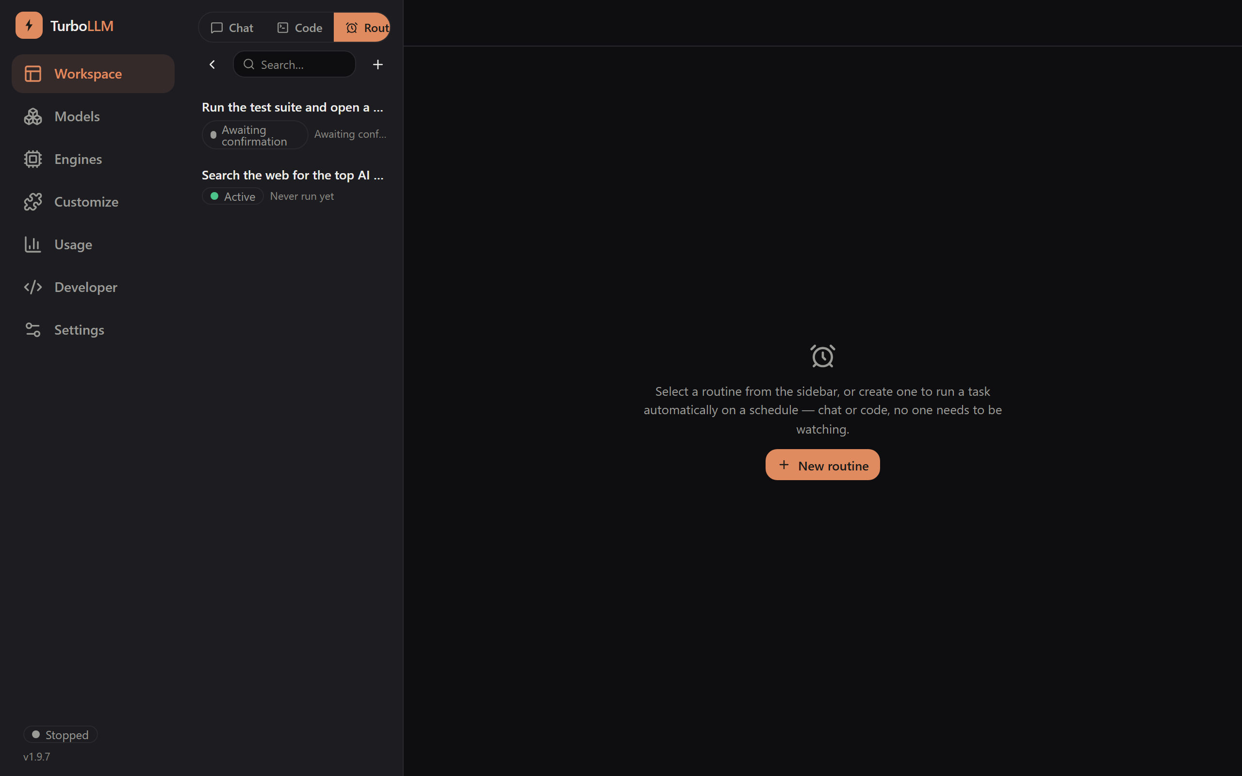 TurboLLM Routines panel showing a pending-confirmation routine and an active routine, dark mode