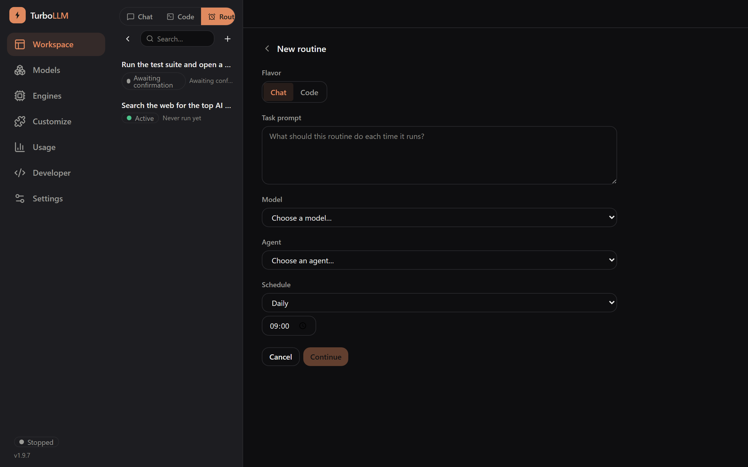 TurboLLM New routine form: flavor toggle (Chat/Code), task prompt, model picker, agent picker, and schedule, dark mode